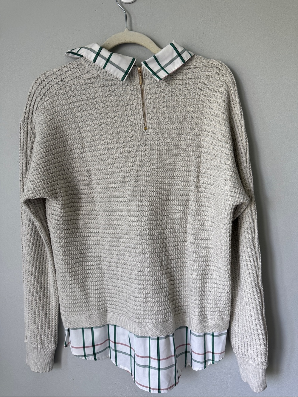 Foxcroft Beige Waffle Knit V-Neck Sweater with Plaid Hem - Picture 2 of 2